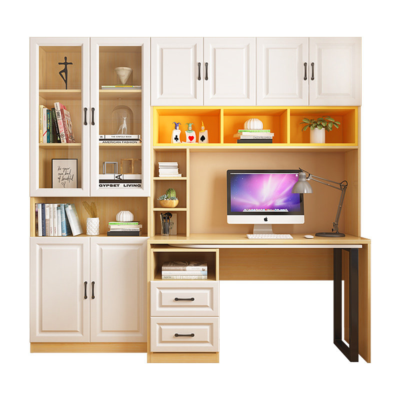 衣柜书柜书桌一体组合家用台式电脑桌实木色书架简约学习办公桌子