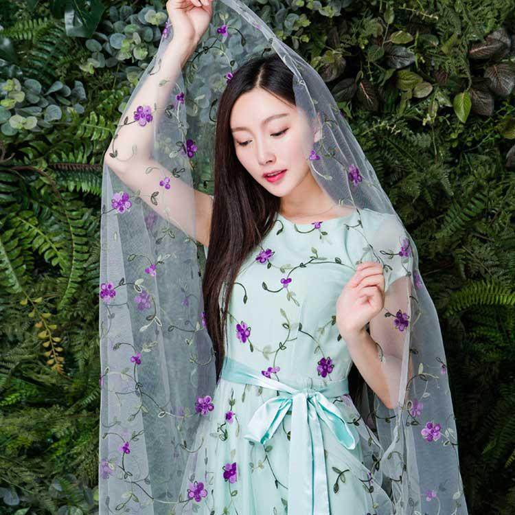 玉羲网纱刺绣绿色修身连衣裙2016夏季新款性感露肩高腰显瘦公主裙