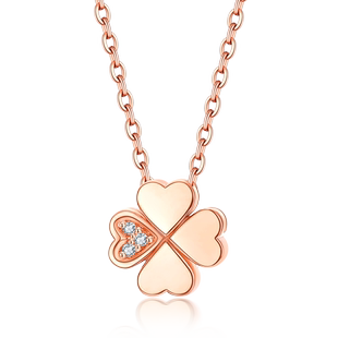 佐卡伊 18k玫瑰金钻石项链女真钻幸运草四叶草吊坠彩金镶钻锁骨链