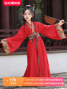 红色战国袍女童汉服2024新款夏季款直裾交领复原款古装儿童中国风