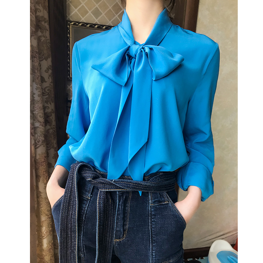 春款重磅真丝桑蚕丝厚长袖衬衫蓝色大飘带蝴蝶结衬衣女