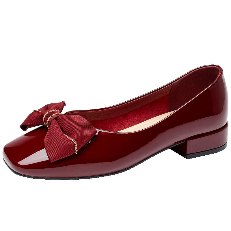 卓诗尼单鞋女2020新款瓢鞋酒红色漆皮蝴蝶结红鞋秋季平底女鞋鞋子