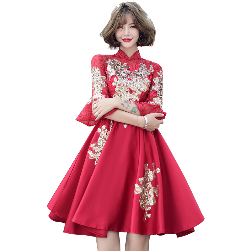敬酒服新娘旗袍2019秋冬短款红色订婚结婚礼服裙中国风显瘦中袖女