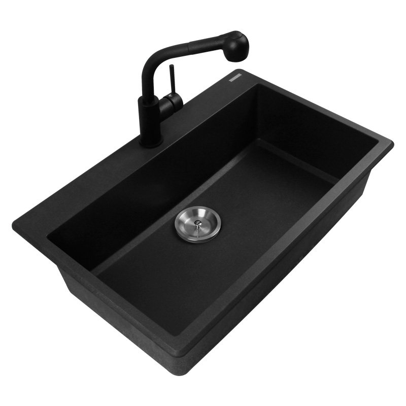 德国迈锐博石英石水槽单槽厨房黑色花岗岩大单盆台下洗碗水池370