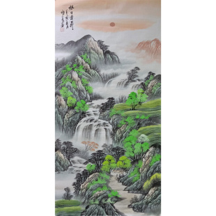 纯手绘国画四尺竖幅山水鸿运当头四尺玄关挂画旭日东升装饰画