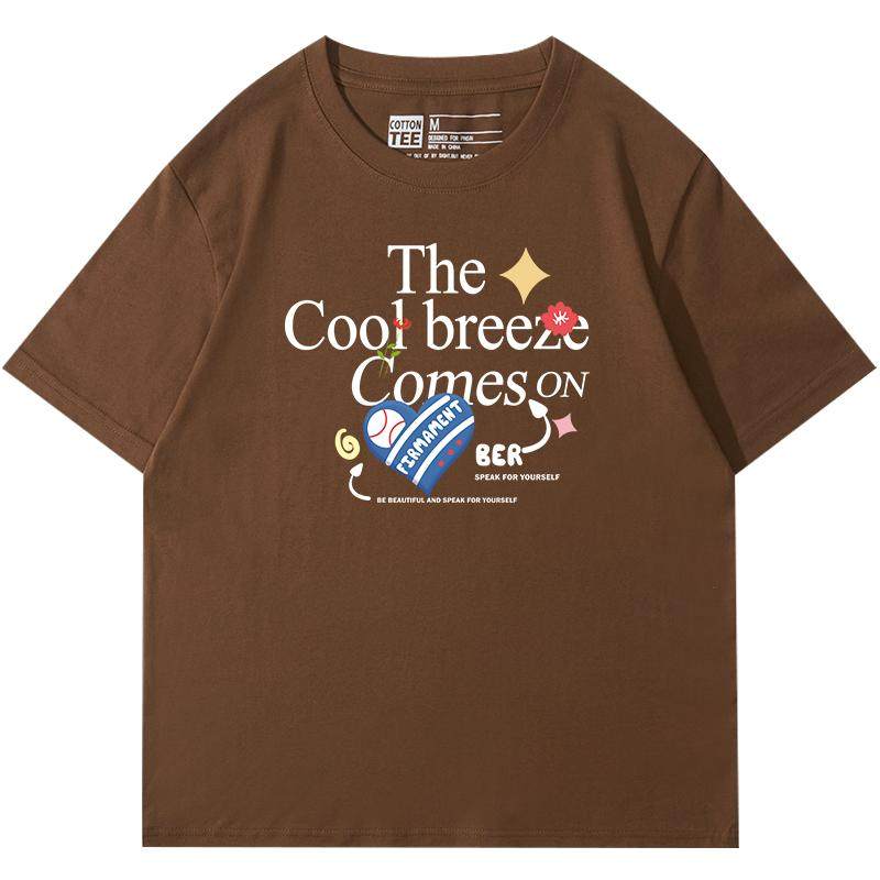 港风复古深棕色短袖t恤女ins潮韩版宽松薄款半袖夏季圆领字母体恤