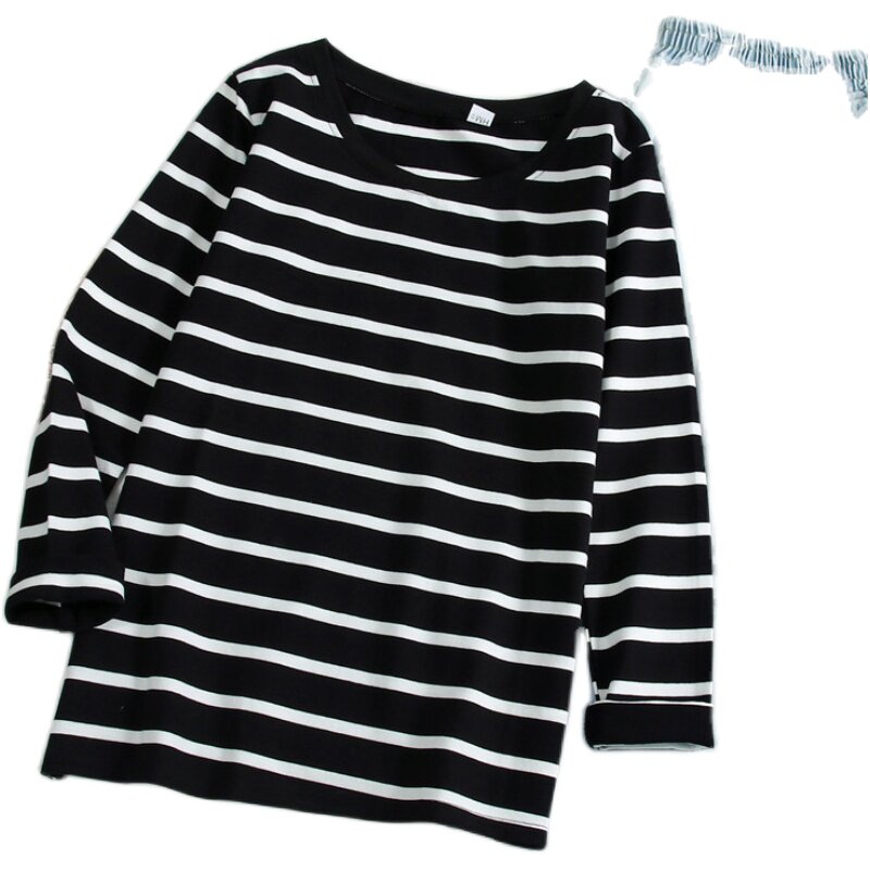 2021春秋装新款黑白条纹打底衫女长袖韩版宽松百搭t恤学生上衣服