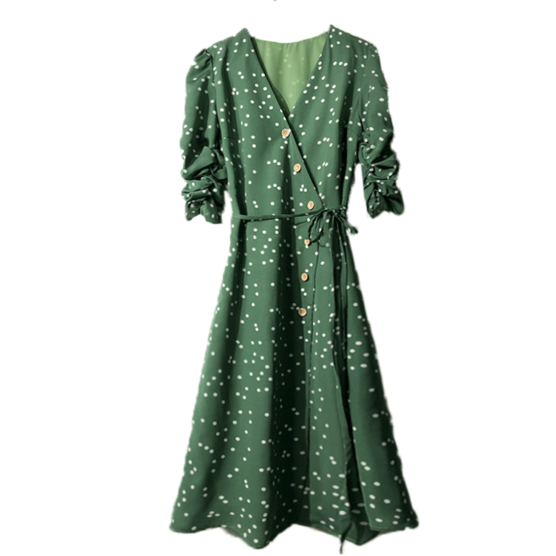 绿色波点连衣裙女中长款春秋法式复古桔梗裙v领高腰显瘦智熏裙夏