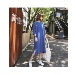 中长款短袖过膝T恤女夏季韩版宽松开叉刺绣条纹连衣裙懒人裙子T潮