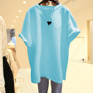 蓝色圆领大版t恤女2024年夏季新款短袖爱心中长款半袖体恤上衣