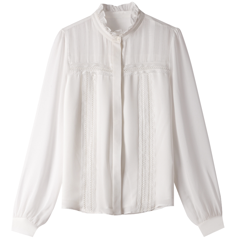 衬衫女花边立领长袖春秋装新款打底百搭白色衬衣复古宽松雪纺上衣