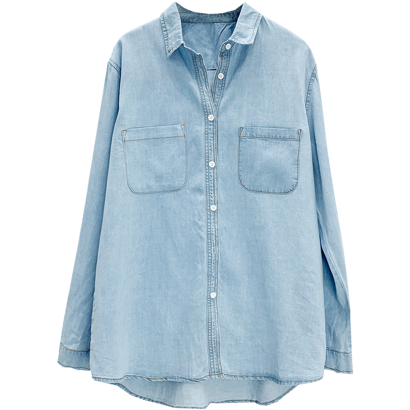 中长款衬衫女洋气欧货2020年秋冬新款大版宽松天丝牛仔衬衣女长袖