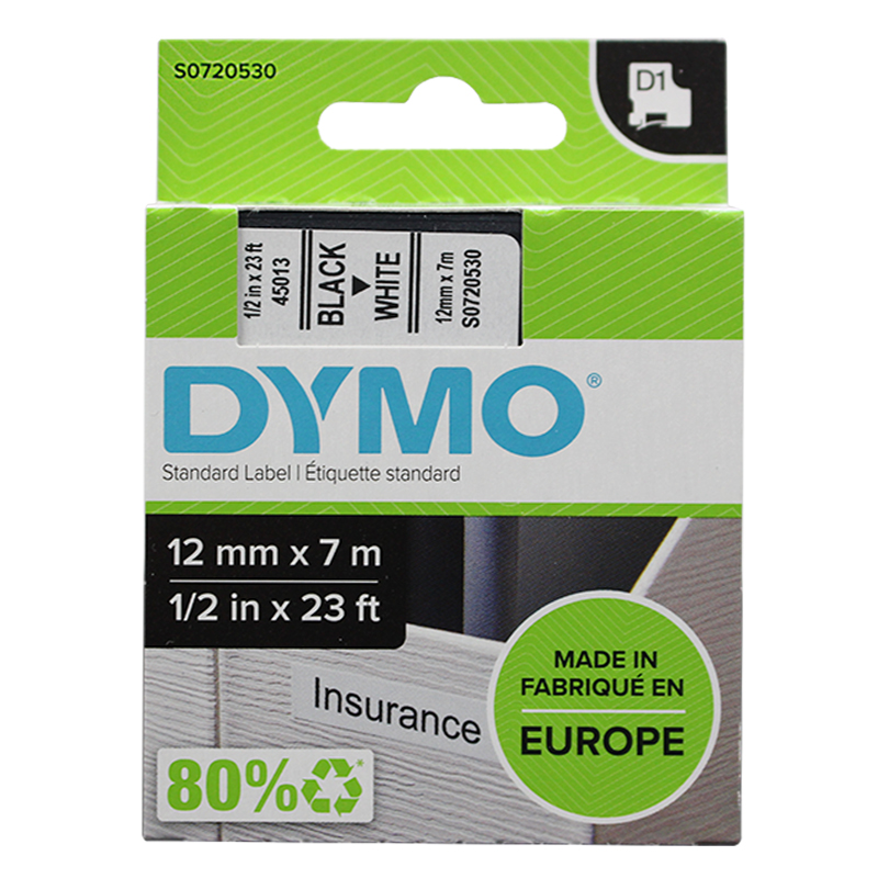dymo达美标签机色带45013不干胶打印纸12mm白底黑字D1尼龙工业色