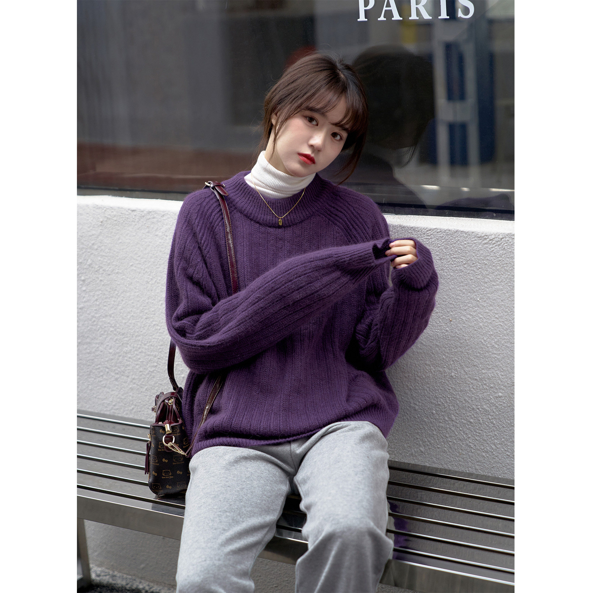 dk尤物 紫然色兔毛羊毛混纺竖条感加厚毛衣女2020冬新款套头外套