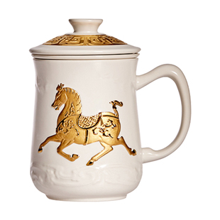 【圣诞礼物】乾唐轩活瓷鎏金盛世宝马三件杯办公室茶水分离陶瓷杯