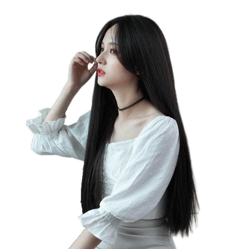 假发女长发 韩版网红八字中分黑色长直发自然全头逼真中长假发套 - 梵