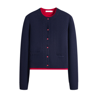 Navigare意大利小帆船纯羊毛假两件开衫女士秋季新款撞色毛衣外套