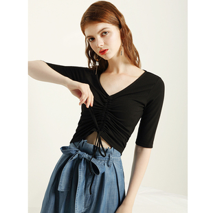 黑色环脖大v领修身显瘦套头挂脖长袖莫代尔t恤女打底衫上衣春新款