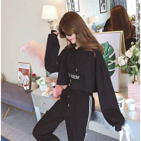 秋季时尚帅气bf休闲运动学生宽松同款嘻哈衣服女酷潮网红两件套装