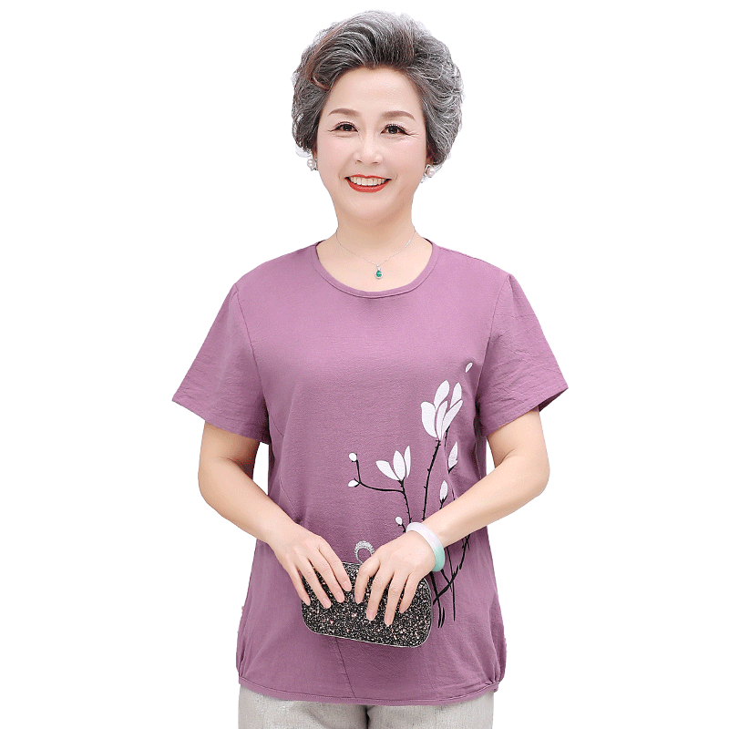 中老年奶奶夏装女短袖纯棉t恤衫60岁70阔太太妈妈全棉气质打底衫