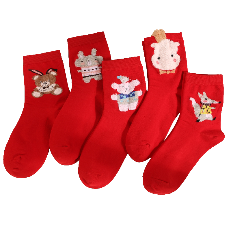 【达达狼】本命年纯棉男女中筒红袜5双