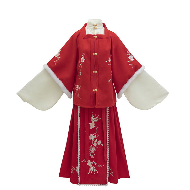 正版明制呢子方领对襟短袄半袖褶裙三件套原创改良汉服故宫联名