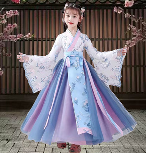女童汉服冬装连衣裙中国风女孩古装裙子加绒蓝儿童大童古风公主裙