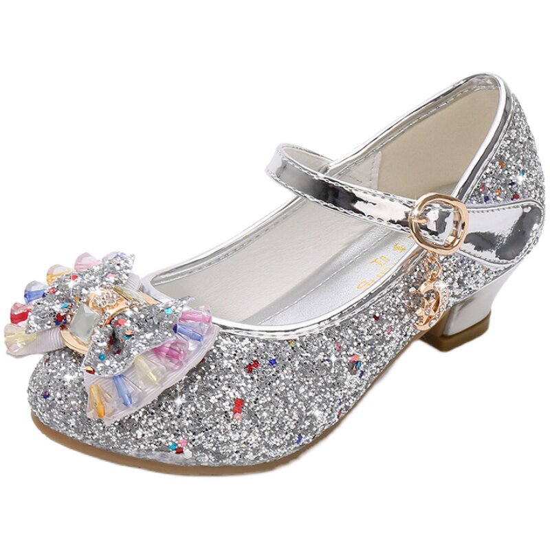 宝宝公主鞋女童礼服鞋洋气走秀红色皮鞋儿童高跟鞋闪亮演出水晶鞋