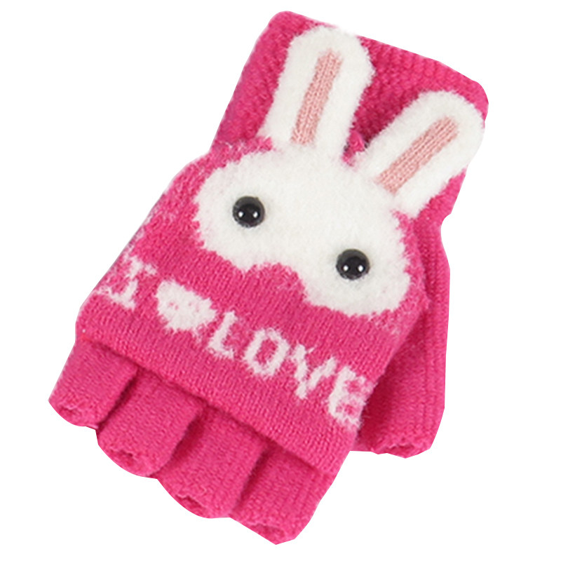 秋冬季儿童手套半指翻盖毛线保暖小孩写字可爱宝宝男童女童露指冬