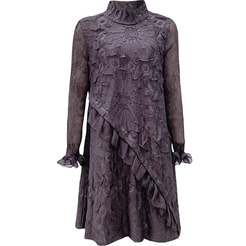 2020年新款秋季轻熟风设计感长袖荷叶边刺绣显瘦遮肉a字连衣裙女 - 灵