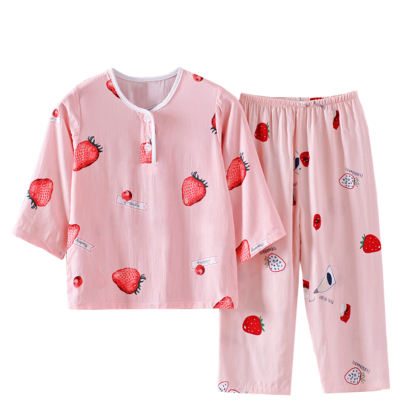 儿童绵绸睡衣夏季清凉家居服男女孩卡通空调服宝宝九分袖棉绸套装