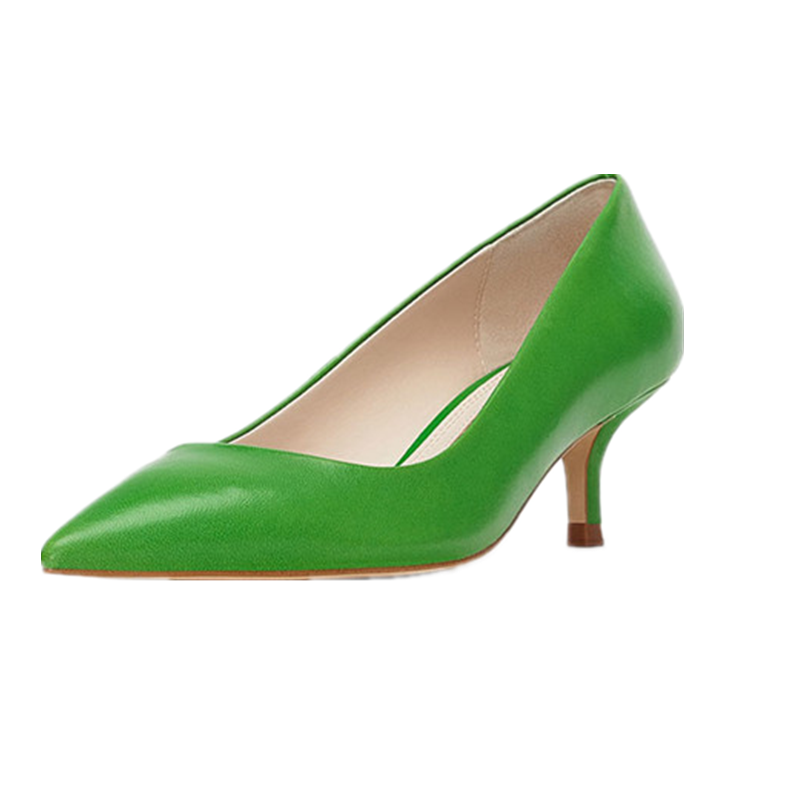 小ck女鞋绿色高跟鞋真皮工作鞋面试单鞋细跟中跟浅口新潮尖头皮鞋
