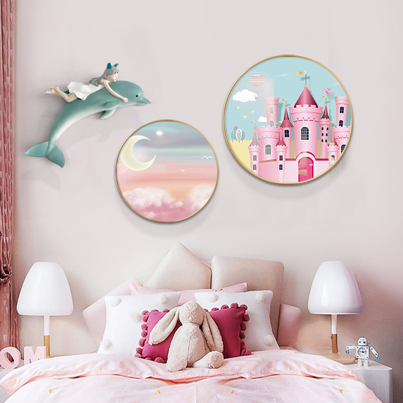 儿童房装饰画女孩卧室房间挂画粉色温馨公主房卡通少女城堡圆形画