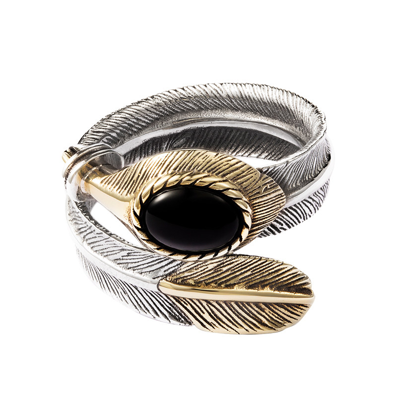 [商场同款]rockride 黑曜石羽毛戒指 925纯银开口男情侣潮欧美