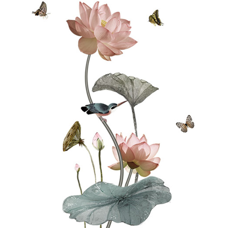 中国风荷花贴纸墙贴自粘墙壁贴画客厅电视背景墙玄关墙面装饰墙纸