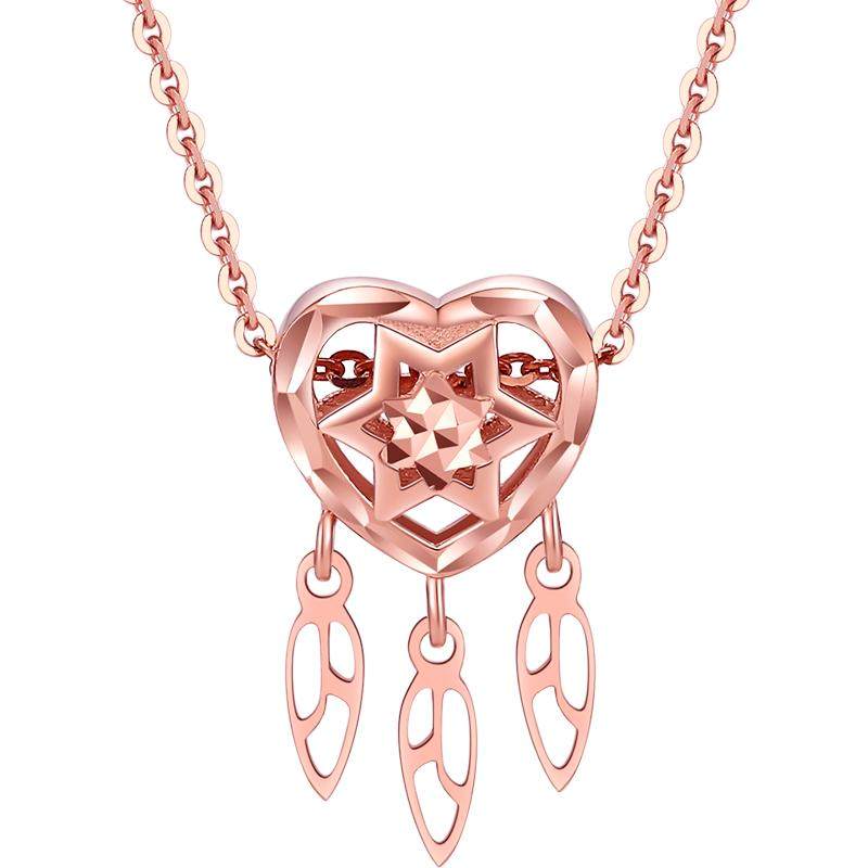 周大生18k金心形捕梦网吊坠女项链正品au750玫瑰金彩金挂坠