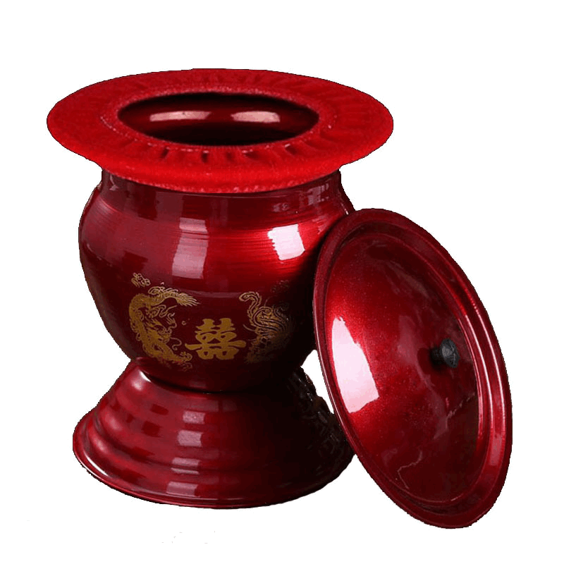 嫁陪婚庆红色盖尿壶带搪瓷桶红色结婚痰盂夜壶铁用品子孙高脚