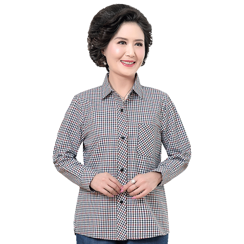 老年人女装纯棉衬衫长袖奶奶春秋款格子衬衣太太老人妈妈60-70岁