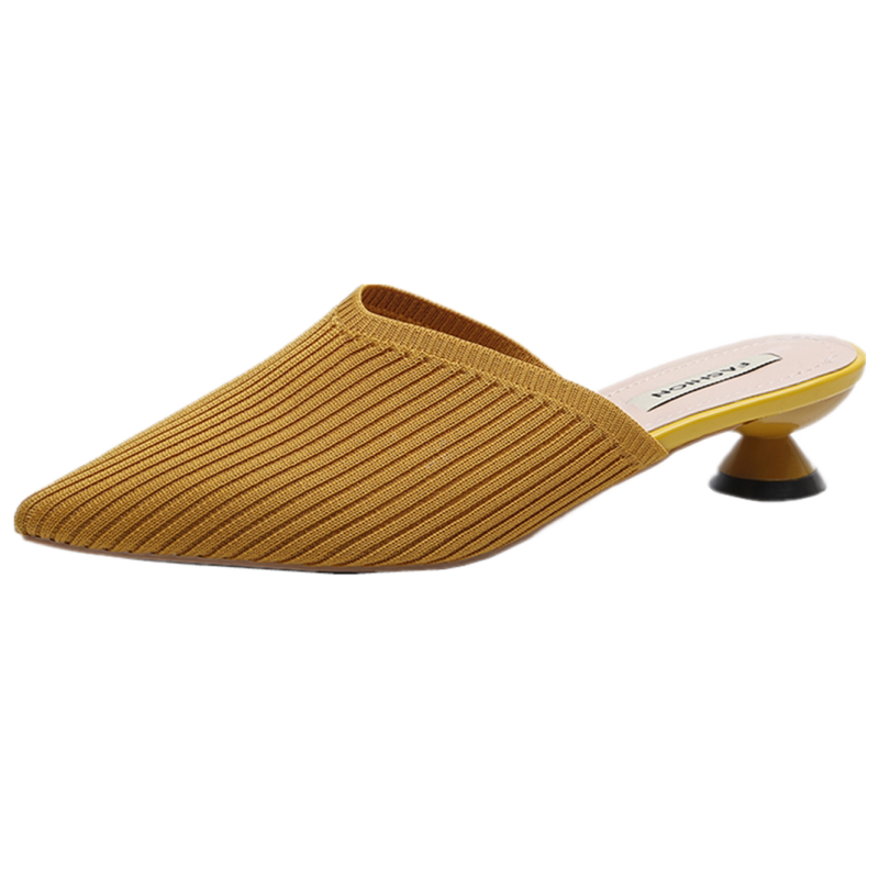 韩版凉拖时尚尖头针织弹力复古包头半拖鞋中粗跟百搭拖鞋女夏外穿