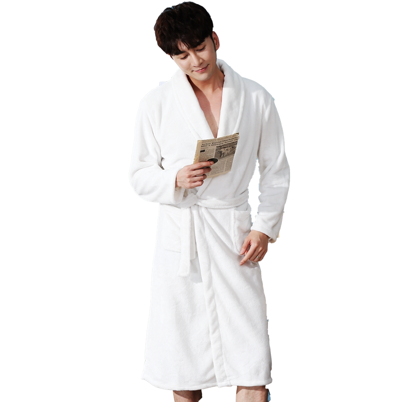 睡袍法兰绒男士酒店浴袍纯白色春秋大码珊瑚绒睡衣冬季加厚家居服
