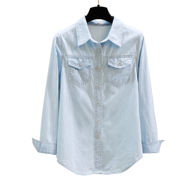 牛仔衬衫女修身2019春秋韩版学生薄款衬衣长袖上衣大码打底衫衬褂