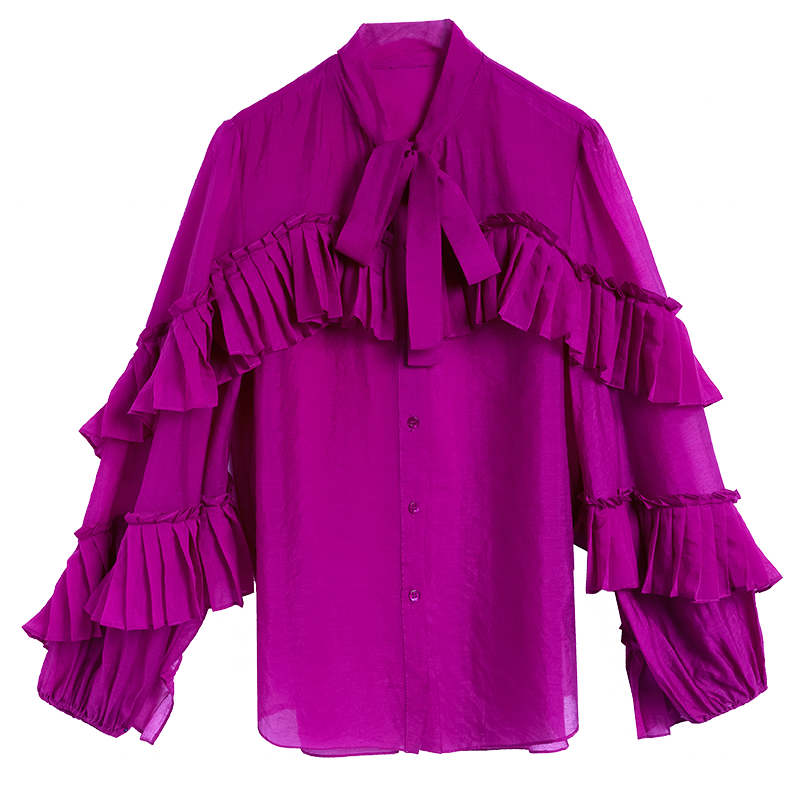 rirn早春女上衣气质真丝桑蚕丝衬衣2020春季新款紫色长袖大版衬衫