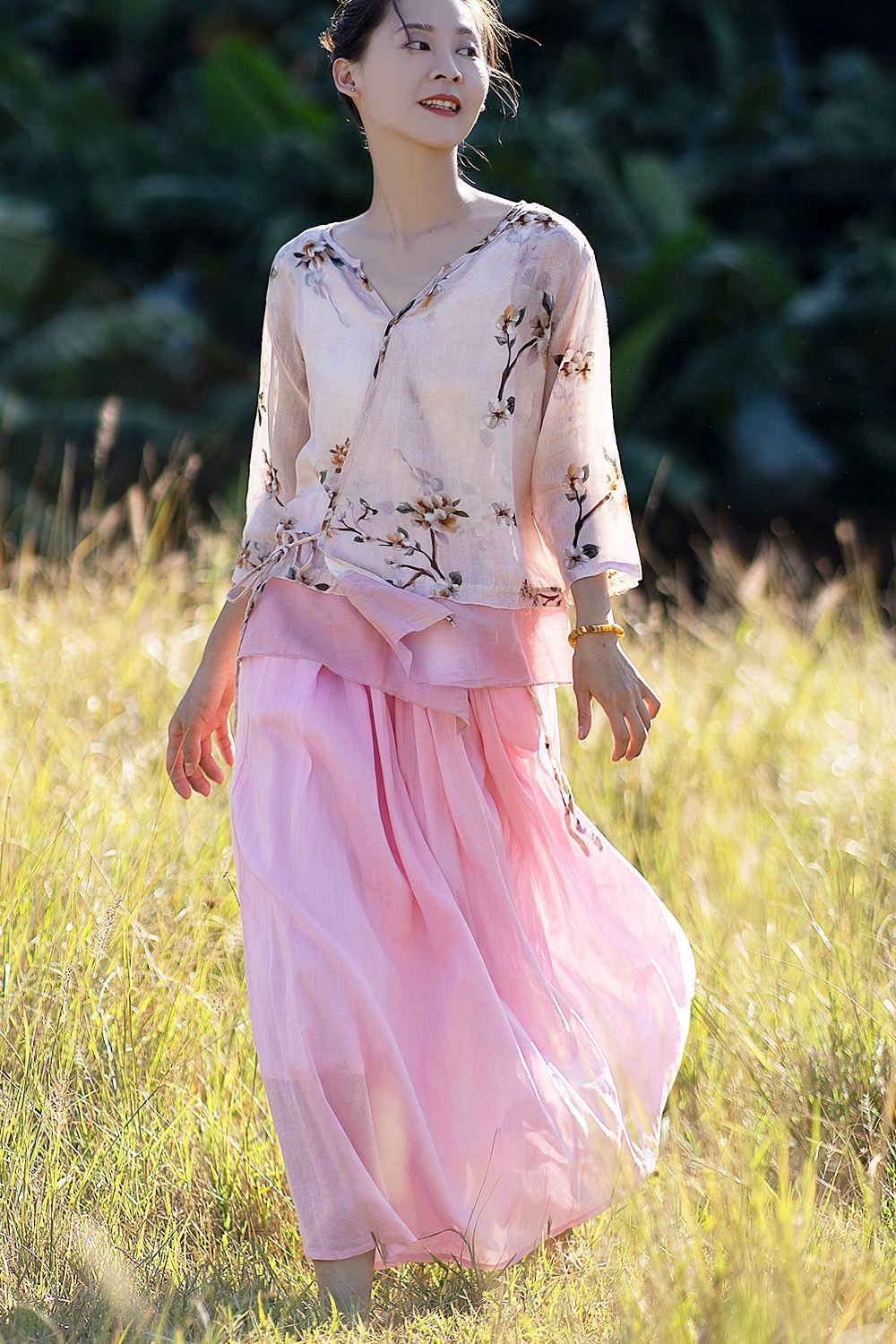 春夏薄苎麻外套女印花v领斜襟系带拼接茶服小衫国风田园文艺上衣