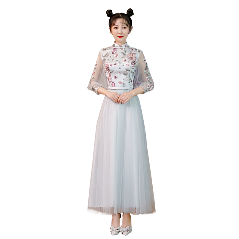 中式礼服2020春季新款立领复古长袖中国风伴娘服姐妹团长款古风女