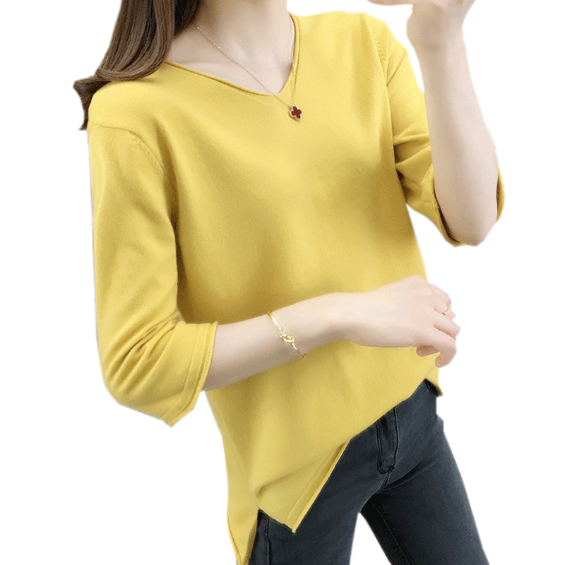 淡黄色中袖针织衫女2020春秋新款韩版v领毛衣女宽松外穿t恤上衣潮