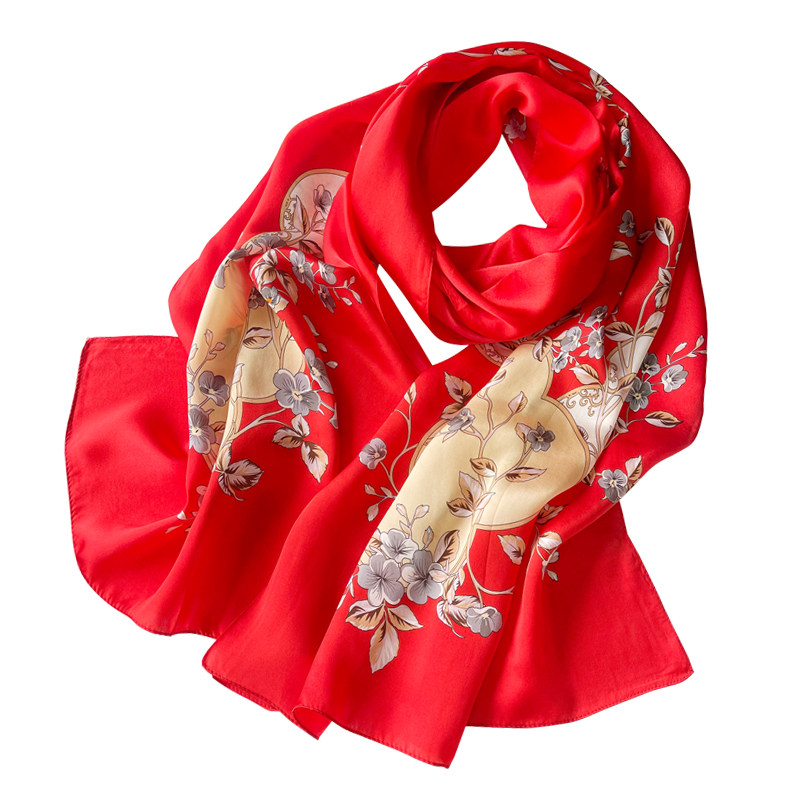 大红色真丝丝巾女桑蚕丝薄长款围巾百搭秋冬春秋季妈妈款中年送礼