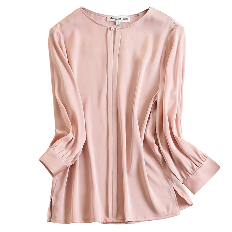 桑蚕丝无领衬衫女七分袖圆领重磅真丝上衣t恤宽松小衫体恤衫大牌