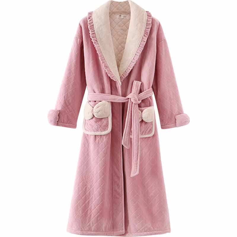 夹棉睡袍女士睡衣秋冬季中长款浴袍加绒加厚睡裙珊瑚绒法兰绒晨袍