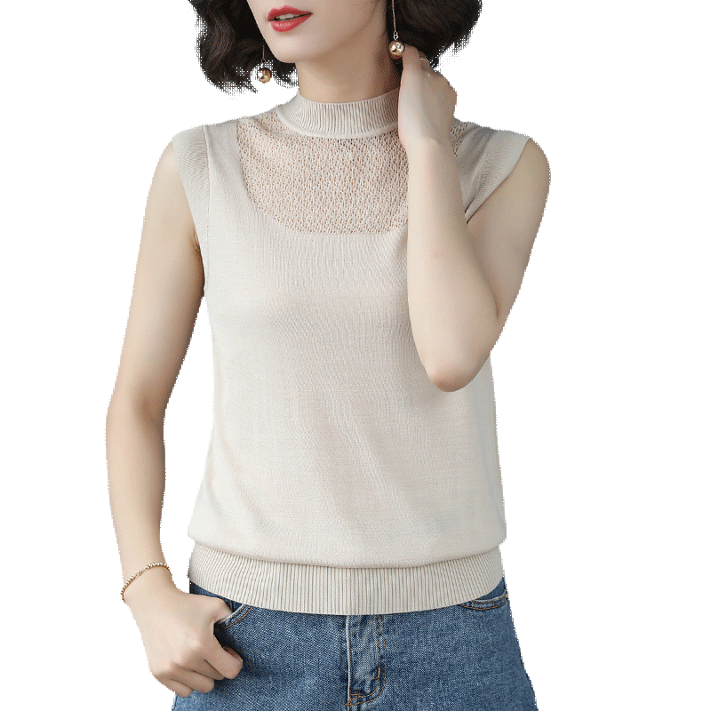 时尚半高领冰丝吊带背心女外穿夏季修身显瘦无袖内搭针织打底衫薄