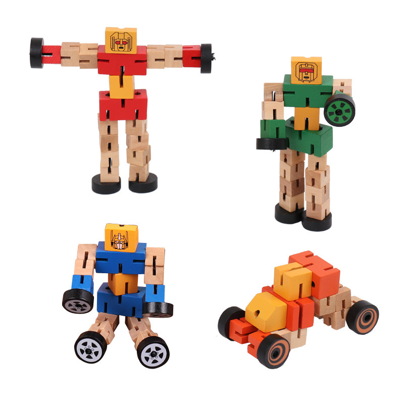 儿童益智木制百变机器人卡通关节木偶1-3-5-6周7岁小男孩木质玩具